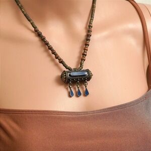 Bohemian Tribal Pendant Necklace with Blue Gemstones and Wood Beads